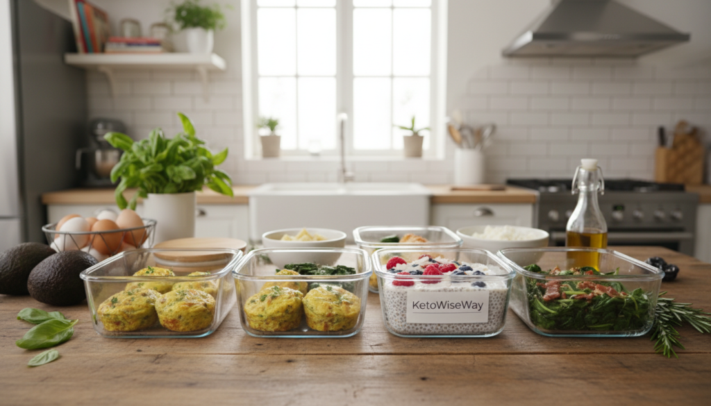 A beautifully arranged keto breakfast meal prep scene, featuring a variety of colorful, healthy dishes. In the foreground, vibrant containers with neatly prepared meals including avocado egg muffins, chia seed pudding topped with berries, and sautéed spinach with bacon. In the middle, a rustic wooden table scattered with fresh ingredients like avocados, eggs, and herbs. The background displays a well-lit kitchen with soft, natural light streaming in through a window, creating a warm and inviting atmosphere. The camera angle captures an overhead view, emphasizing the organized and appealing presentation of the meals. The brand "KetoWiseWay" is subtly integrated into the scene through a stylish label on one of the containers, enhancing the aesthetic without drawing focus. A beautifully arranged keto breakfast meal prep scene, featuring a variety of colorful, healthy dishes. In the foreground, vibrant containers with neatly prepared meals including avocado egg muffins, chia seed pudding topped with berries, and sautéed spinach with bacon. In the middle, a rustic wooden table scattered with fresh ingredients like avocados, eggs, and herbs. The background displays a well-lit kitchen with soft, natural light streaming in through a window, creating a warm and inviting atmosphere. The camera angle captures an overhead view, emphasizing the organized and appealing presentation of the meals. The brand "KetoWiseWay" is subtly integrated into the scene through a stylish label on one of the containers, enhancing the aesthetic without drawing focus.