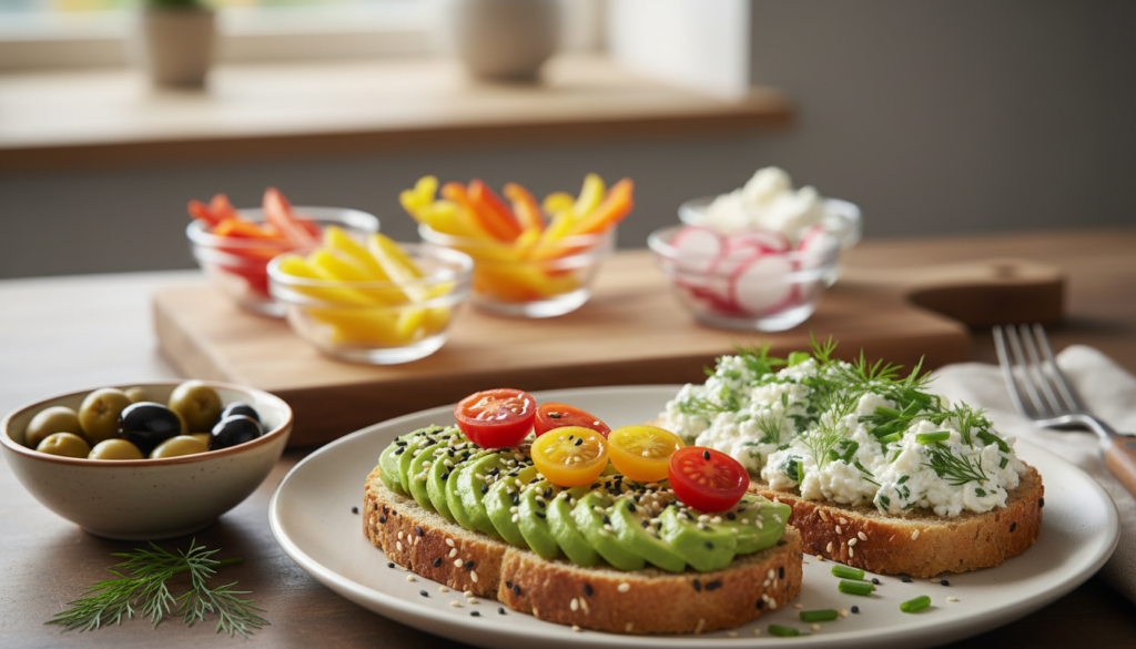 A beautifully arranged plate of freshly baked KetoWiseWay keto bread, topped with a variety of colorful and appetizing ingredients. In the foreground, showcase a slice of golden-brown keto bread slathered with smooth avocado, sprinkled with sesame seeds, and colorful cherry tomatoes. Beside it, a generous spread of herb-infused cream cheese with fresh dill and finely chopped chives. In the middle ground, include a wooden cutting board adorned with bowls of toppings like sliced olives, bell peppers, and radishes, invitingly displayed. The background features a softly blurred kitchen setting with warm, natural lighting illuminating the scene, creating a cozy atmosphere. The focus should be on the bread and toppings, capturing their textures and colors vividly, emphasizing a healthy and delicious meal.