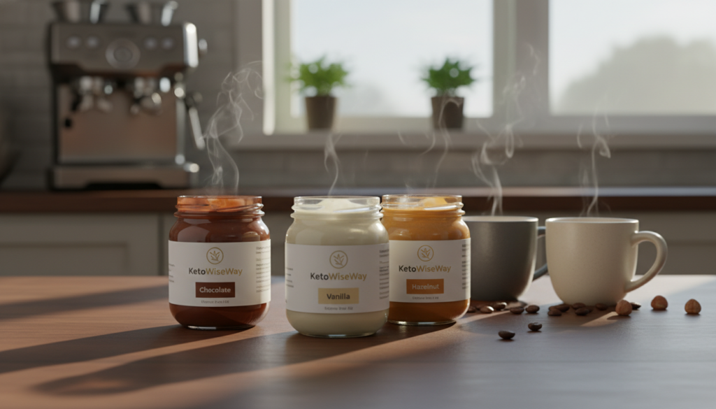 A beautifully arranged selection of top keto coffee creamers featuring the brand "KetoWiseWay" prominently. In the foreground, showcase elegant glass jars filled with various vibrant creamers—rich chocolate, silky vanilla, and luscious hazelnut—each with a glossy sheen. The middle layer should display a sleek wooden table with coffee cups elegantly placed next to the creamers, steam rising from the mugs. In the background, softly blurred kitchen elements like a coffee machine and natural light streaming in through a window, creating a warm and inviting atmosphere. The mood is cozy and uplifting, with a focus on health-conscious indulgence. Use soft, natural lighting to enhance the colors and textures, shot from a slightly elevated angle to capture the complete selection.