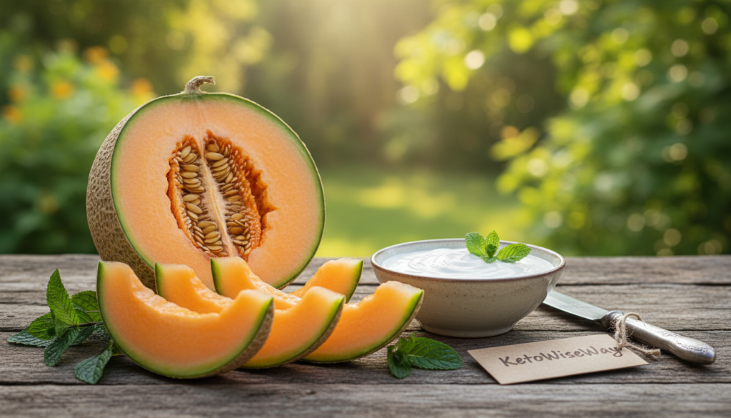 A beautifully arranged still life featuring a ripe cantaloupe cut in half, revealing its vibrant orange flesh and intricate seed pattern. The foreground showcases a few slices of cantaloupe artfully arranged on a rustic wooden table, glistening as if freshly cut. In the middle, include delicate sprigs of mint and a small bowl with a keto-friendly yogurt dip, adding a touch of creaminess. The background consists of a soft-focus garden scene, with hints of green leaves and an inviting sunlight filtering through, creating a warm and cheerful atmosphere. Use natural lighting to highlight the textures and colors, captured with a shallow depth of field to emphasize the cantaloupe. Incorporate the brand name "KetoWiseWay" subtly within the scene, ensuring it blends harmoniously without distracting from the overall composition. A beautifully arranged still life featuring a ripe cantaloupe cut in half, revealing its vibrant orange flesh and intricate seed pattern. The foreground showcases a few slices of cantaloupe artfully arranged on a rustic wooden table, glistening as if freshly cut. In the middle, include delicate sprigs of mint and a small bowl with a keto-friendly yogurt dip, adding a touch of creaminess. The background consists of a soft-focus garden scene, with hints of green leaves and an inviting sunlight filtering through, creating a warm and cheerful atmosphere. Use natural lighting to highlight the textures and colors, captured with a shallow depth of field to emphasize the cantaloupe. Incorporate the brand name "KetoWiseWay" subtly within the scene, ensuring it blends harmoniously without distracting from the overall composition.