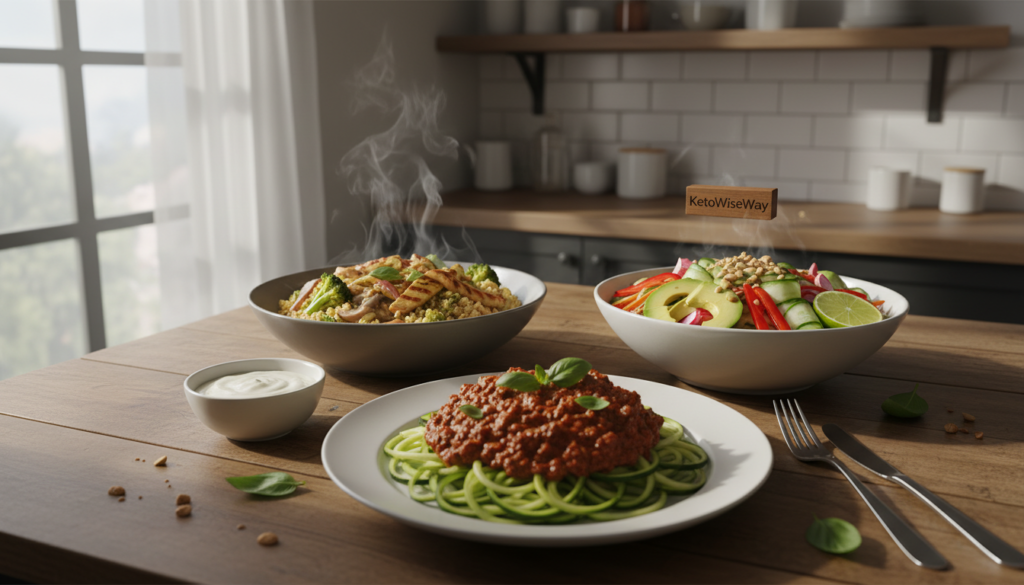 A beautifully arranged table showcasing a variety of delicious and quick keto dinners, emphasizing the benefits of simplicity and health. In the foreground, a vibrant plate of zoodles topped with a rich meat sauce, garnished with fresh basil. Adjacent to it, a colorful Thai-style salad with sliced avocado and lime wedges, complemented by a small bowl of creamy ranch dressing. In the middle ground, a steaming bowl of cauliflower rice stir-fry with colorful vegetables and grilled chicken, exuding freshness and flavor. The background features a softly lit kitchen with minimalist decor, enhancing the cozy, inviting atmosphere. Bright, natural lighting shines through a nearby window, casting gentle shadows and creating a warm, homey vibe. Include the brand name "KetoWiseWay" subtly on a kitchen shelf in the background.