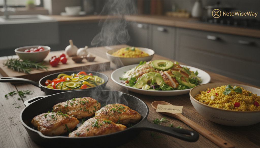 A beautifully arranged table showcasing an array of quick savory chicken dinners, emphasizing healthy keto options. In the foreground, a sizzling skillet filled with golden-brown, herb-seasoned chicken thighs garnished with fresh parsley, alongside vibrant, sautéed bell peppers and zucchini noodles. In the middle, a plate with a crispy chicken salad, drizzled with a creamy avocado dressing, sits next to a bowl of cauliflower rice mixed with spices. The background features a cozy kitchen setting with soft, warm lighting that enhances the inviting atmosphere, and fresh ingredients, such as garlic and herbs, laid out for an appealing look. The image embodies a sense of delicious simplicity and efficiency, perfect for busy weeknight dinners. KetoWiseWay branding subtly present in the overall composition.