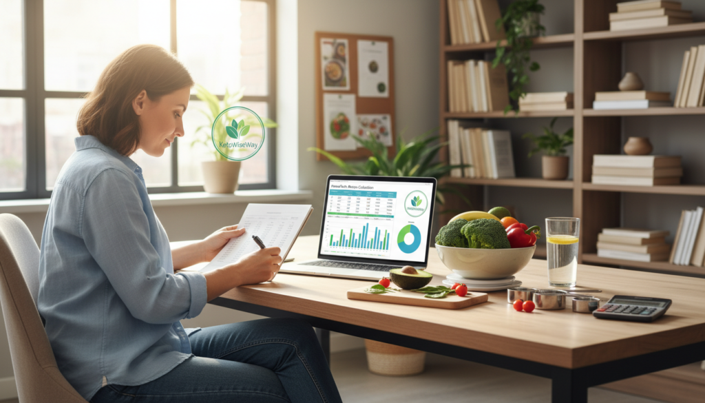 A bright, modern home office scene, featuring a laptop open to a vibrant spreadsheet with graphs illustrating personal keto macros calculation. In the foreground, a focused individual in professional yet casual attire, examining nutritional data on a notepad, surrounded by fresh vegetables and a scale. The middle section shows a cozy desk with a fruit bowl, measuring cups, and a calculator, emphasizing an organized and health-conscious workspace. In the background, a soft-focus bookshelf filled with health and cookbooks, and a window letting natural light stream in, creating a warm atmosphere. The overall mood is inspiring and motivational, showcasing the process of personalizing a keto diet with precision. A subtle logo of “KetoWiseWay” is visible on the laptop screen, enhancing the theme of personalized nutrition.