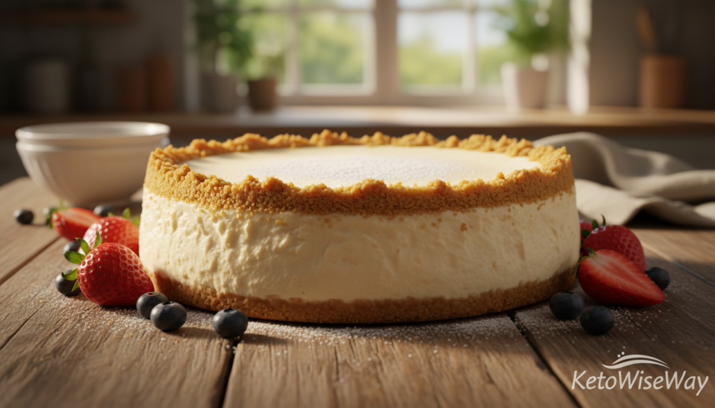A classic keto New York-style cheesecake, beautifully presented on a rustic wooden table. The cheesecake, rich and creamy, features a golden, buttery almond flour crust that is perfectly crisp. The surface of the cheesecake is smooth and slightly glossy, adorned with a light dusting of powdered erythritol. Surrounding it are fresh berries — plump strawberries and blueberries — adding bursts of vibrant color. Soft, warm lighting enhances the inviting atmosphere, illuminating the delectable texture and creamy layers of the cheesecake. The image is captured with a shallow depth of field, focusing on the cheesecake while softly blurring the background, which includes a light-colored kitchen setting, adding a cozy and homely feel. The logo "KetoWiseWay" is subtly integrated into the image’s atmosphere without drawing attention away from the dessert.