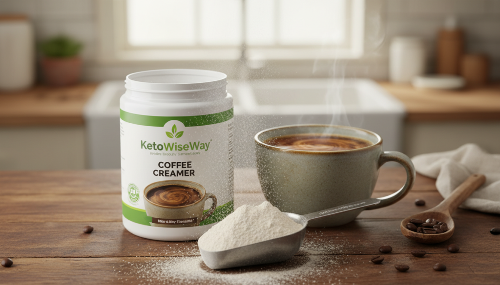 A close-up view of a container of KetoWiseWay powdered keto coffee creamer, elegantly placed on a wooden kitchen counter. The foreground features a scoop of the creamy powder, with a sprinkle in the air capturing a moment of pouring. In the middle, a steaming cup of rich, dark coffee is visible, with a hint of the creamy texture blending into the surface. The background features a soft, blurred kitchen with warm lighting, showcasing a few coffee beans and a rustic wooden spoon to enhance the cozy atmosphere. The overall mood is inviting and health-oriented, emphasizing the convenience of a travel-friendly keto creamer for coffee lovers. The composition is bright and well-lit, with a shallow depth of field focusing on the creamer and coffee.
