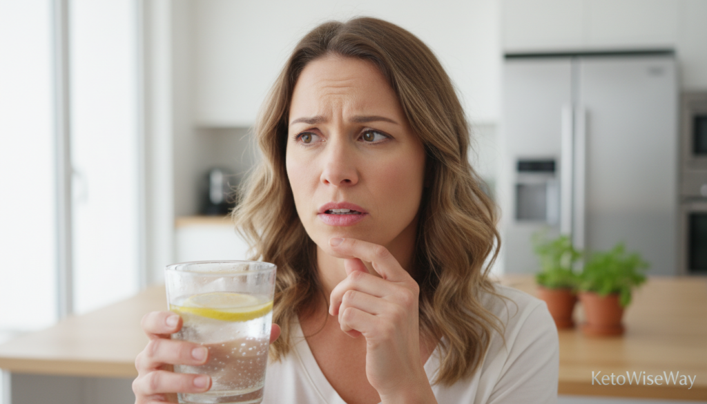 A close-up view of someone experiencing symptoms of keto breath, showcasing a thoughtful expression that conveys confusion or concern. The person is standing against a soft, blurred background, hinting at a modern, health-conscious kitchen setting. In the foreground, emphasize the metallic taste by illustrating a glass of water with fresh lemon slices, symbolizing freshness amidst the keto diet. The lighting is bright and airy, highlighting the person's features and the details of the glass. The atmosphere is calm yet informative, aiming to evoke curiosity about the keto lifestyle. Include subtle branding with a small, tasteful appearance of "KetoWiseWay" at the bottom corner, ensuring it's unobtrusive but present.