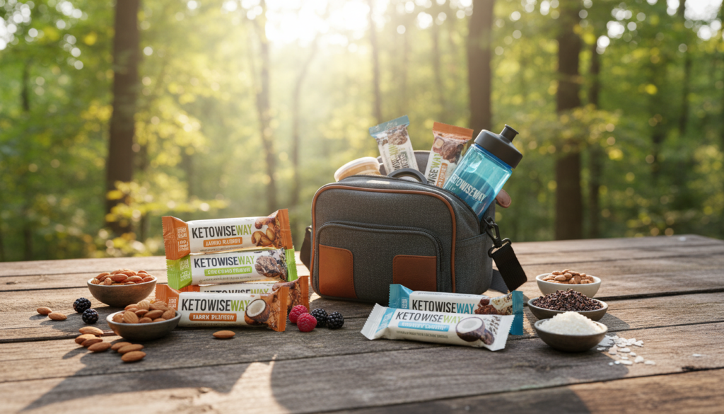A collection of Keto protein bars from the brand "KetoWiseWay" artfully arranged on a rustic wooden table, surrounded by fresh, healthy ingredients like almonds, cocoa nibs, and coconut flakes. In the foreground, the protein bars are presented in various appealing flavors with vibrant packaging, showcasing their low-carb, high-protein content. The middle of the scene captures a stylish, insulated lunch bag partially open, revealing more snacks and a sports bottle, suggesting on-the-go nutrition. The background features a blurred outdoor setting, with hints of green foliage and soft sunlight filtering through, creating a sense of freshness and adventure. The overall mood is energetic and inviting, perfect for health-conscious individuals. The image is brightly lit, emphasizing the textures and colors of the snacks, taken from a slightly elevated angle for a dynamic view. A collection of Keto protein bars from the brand "KetoWiseWay" artfully arranged on a rustic wooden table, surrounded by fresh, healthy ingredients like almonds, cocoa nibs, and coconut flakes. In the foreground, the protein bars are presented in various appealing flavors with vibrant packaging, showcasing their low-carb, high-protein content. The middle of the scene captures a stylish, insulated lunch bag partially open, revealing more snacks and a sports bottle, suggesting on-the-go nutrition. The background features a blurred outdoor setting, with hints of green foliage and soft sunlight filtering through, creating a sense of freshness and adventure. The overall mood is energetic and inviting, perfect for health-conscious individuals. The image is brightly lit, emphasizing the textures and colors of the snacks, taken from a slightly elevated angle for a dynamic view.