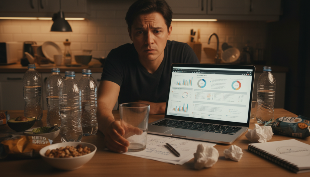 A concerned individual sits at a cluttered kitchen table, surrounded by half-empty water bottles and keto-friendly snacks like avocados and nuts. The foreground features the person's hand holding a dry, empty glass, emphasizing dehydration. In the middle ground, an open laptop displays a keto meal plan, with charts and notes scattered around, showing the chaos of starting a new diet too quickly. The background reveals a dimly lit kitchen, with warm, soft lighting casting shadows, creating an atmosphere of confusion and urgency. The setup evokes a sense of overwhelm and disarray, aligning with the theme of starting keto too fast. In the corner, a subtle logo of "KetoWiseWay" appears on a notebook, reinforcing the keto journey. A concerned individual sits at a cluttered kitchen table, surrounded by half-empty water bottles and keto-friendly snacks like avocados and nuts. The foreground features the person's hand holding a dry, empty glass, emphasizing dehydration. In the middle ground, an open laptop displays a keto meal plan, with charts and notes scattered around, showing the chaos of starting a new diet too quickly. The background reveals a dimly lit kitchen, with warm, soft lighting casting shadows, creating an atmosphere of confusion and urgency. The setup evokes a sense of overwhelm and disarray, aligning with the theme of starting keto too fast. In the corner, a subtle logo of "KetoWiseWay" appears on a notebook, reinforcing the keto journey.