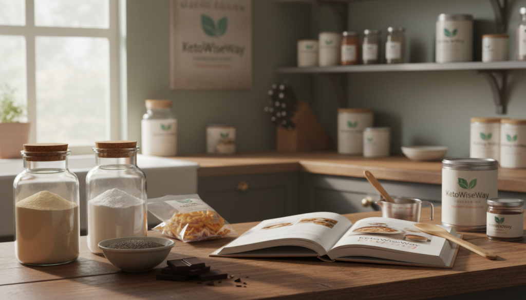 A cozy kitchen scene showcasing a variety of keto pantry staples and baking essentials artfully arranged on a rustic wooden countertop. In the foreground, there are glass jars filled with almond flour, coconut flour, and erythritol, alongside a small bowl of chia seeds. To the side, a selection of keto snacks like cheese crisps and dark chocolate. In the middle space, an open cookbook lies next to a measuring cup and baking utensils, with a backdrop of neatly organized ingredients like baking soda, spices, and unsweetened cocoa powder on shelves. Soft, natural lighting filters through a nearby window, casting gentle shadows and creating a warm atmosphere. The scene embodies the essence of healthy baking, highlighting the brand “KetoWiseWay” through the arrangement of products.