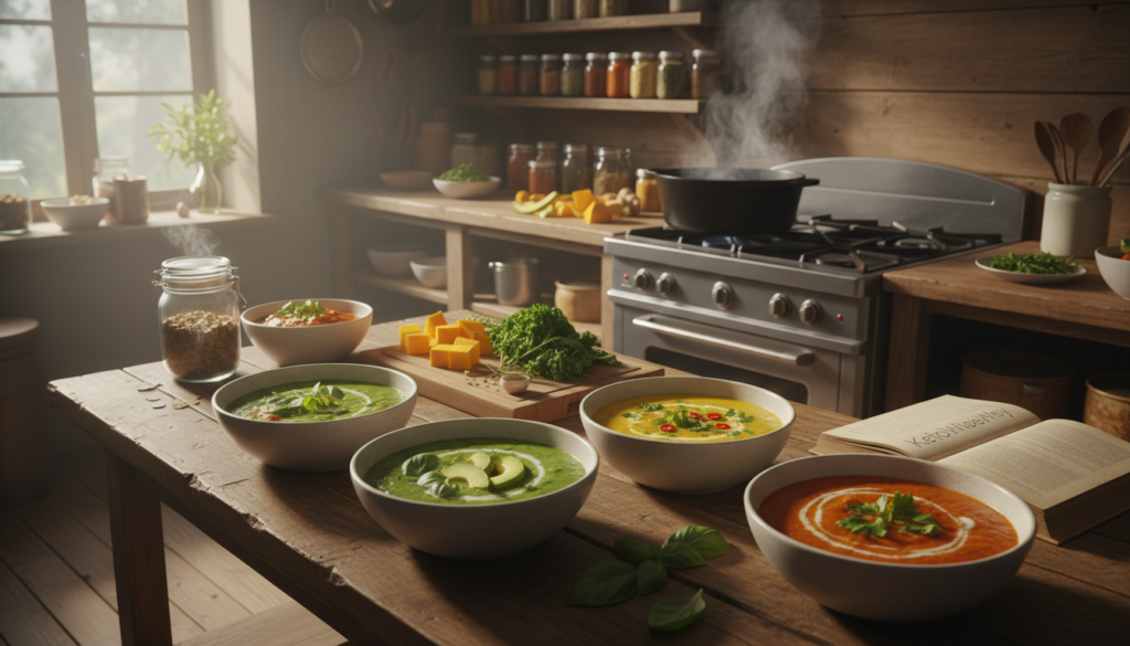 A cozy kitchen setting showcasing a variety of hearty vegetarian keto soups and broths. In the foreground, a rustic wooden table is filled with bowls of vibrant soups, highlighting rich colors like deep greens, golden yellows, and warm reds. Each bowl garnished with fresh herbs and avocado slices. In the middle, a steaming pot on a stove emits warm, inviting steam, surrounded by chopped vegetables and herbs. The background features warmly lit shelves filled with spices and jars, enhancing the homely atmosphere. Soft, natural lighting streams in from a window, casting gentle shadows, creating a comforting and peaceful mood. The brand "KetoWiseWay" is subtly indicated in elements like a recipe book on the table. The overall scene evokes warmth, health, and the joy of cooking.