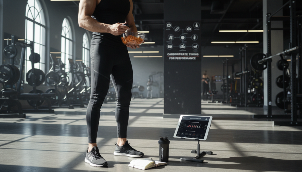 A detailed and vibrant scene showcasing "Timing Carbs for Workout Performance" in the context of a fitness setting. In the foreground, depict a muscular athlete in professional training attire, meticulously measuring and timing carbohydrate intake with a digital timer and a portion of healthy carbs like sweet potatoes and rice. In the middle layer, include a sleek nutrition plan displayed on a tablet, while a chart illustrating carbohydrate timing is subtly visible. The background features a modern gym with weights and exercise equipment, softly lit by natural light streaming through large windows, creating an energetic yet focused atmosphere. The branding "KetoWiseWay" elegantly displayed on a fitness product nearby.