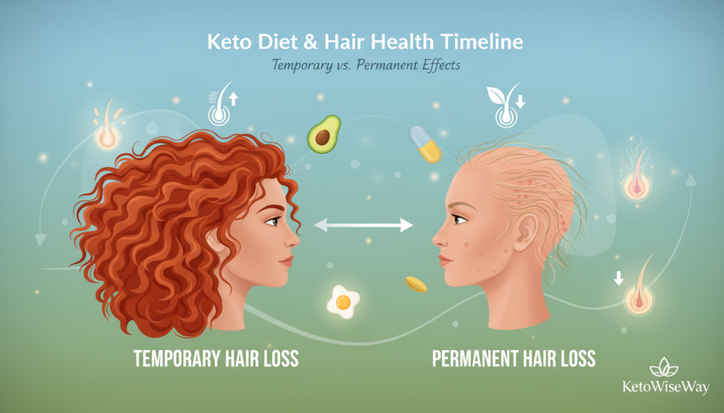 A detailed illustration depicting a timeline of temporary versus permanent hair loss, themed around the keto diet. In the foreground, a split image showcasing two heads of hair: one side vibrant with healthy strands, representing temporary hair loss, and the other side showing thinning hair and bald patches, illustrating permanent loss. The middle layer features a subtle gradient background with soft gradients of blue and green, evoking a calm yet educational atmosphere. In the background, abstract representations of hair follicles and nutrient icons to signify dietary impact. Use soft, natural lighting, with a slight vignette effect to draw focus. Capture an informative, balanced mood suitable for a health-related article. Incorporate the brand name "KetoWiseWay" in a subtle manner within the design.