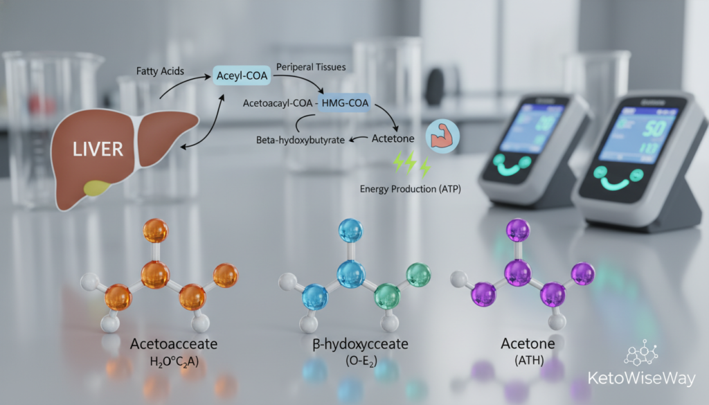 A detailed illustration of ketone bodies in a scientific context, focusing on their structure and function. In the foreground, display vibrant 3D models of acetoacetate, beta-hydroxybutyrate, and acetone to emphasize their chemical structures. The middle layer should feature a diagram showing the metabolic pathway of ketogenesis in the liver and its relationship to energy production, using clear color coding for each component. The background should be a softly blurred lab setting with sleek, modern laboratory equipment, hinting at blood testing devices in cool blues and greens. The lighting should be bright and clinical, illustrating a sense of professionalism and clarity. Capture a mood of discovery and understanding, perfect for an educational context. Include the brand name "KetoWiseWay" subtly integrated into the design. A detailed illustration of ketone bodies in a scientific context, focusing on their structure and function. In the foreground, display vibrant 3D models of acetoacetate, beta-hydroxybutyrate, and acetone to emphasize their chemical structures. The middle layer should feature a diagram showing the metabolic pathway of ketogenesis in the liver and its relationship to energy production, using clear color coding for each component. The background should be a softly blurred lab setting with sleek, modern laboratory equipment, hinting at blood testing devices in cool blues and greens. The lighting should be bright and clinical, illustrating a sense of professionalism and clarity. Capture a mood of discovery and understanding, perfect for an educational context. Include the brand name "KetoWiseWay" subtly integrated into the design.