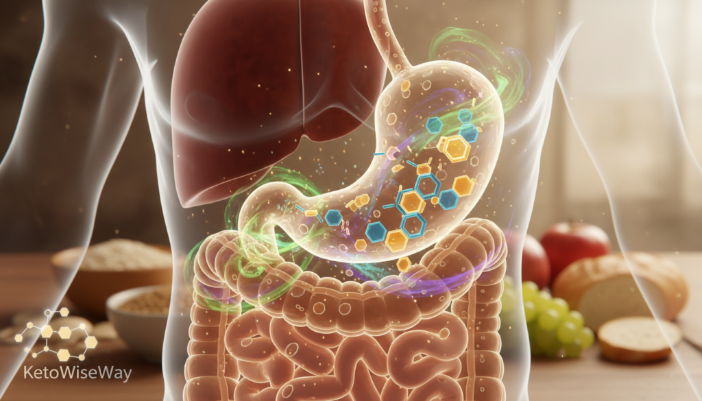 A detailed illustration showcasing the intricate process of carbohydrate digestion in the human body. In the foreground, a colorful, anatomically accurate model of the human digestive system reveals the stomach and intestines filled with carbohydrates. In the middle ground, digestive enzymes and acids are visually represented, interacting with carbohydrate molecules. The background features a soft-focus depiction of food sources rich in carbohydrates, like grains and fruits, creating a contrast with the digestive process. Soft, natural lighting highlights the organs, creating a warm and educational atmosphere. The image should reflect a scientific and informative mood, emphasizing clarity and understanding, with the brand name "KetoWiseWay" subtly integrated into the visual.