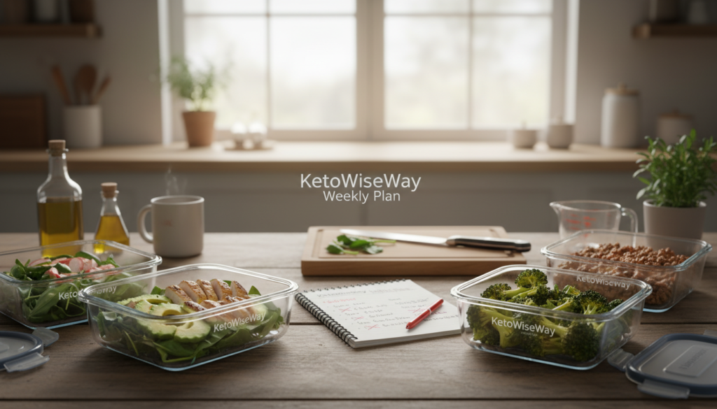 A detailed overhead shot of a vibrant budget keto meal plan spread across a wooden table. In the foreground, clear glass containers filled with low-carb ingredients like avocados, leafy greens, broccoli, and grilled chicken are artfully arranged, showcasing a variety of colorful meals. In the middle, a neatly hand-written list outlines a weekly meal plan, with items crossed off as if already prepared, and a few cooking tools like a chopping board and knife add context. The background features a softly blurred kitchen scene with warm, natural light streaming through a window, creating a cozy and inviting atmosphere. Emphasize the brand "KetoWiseWay" subtly on the meal containers without text overlays. The overall mood is wholesome, practical, and inspiring, ideal for budget-conscious audiences.