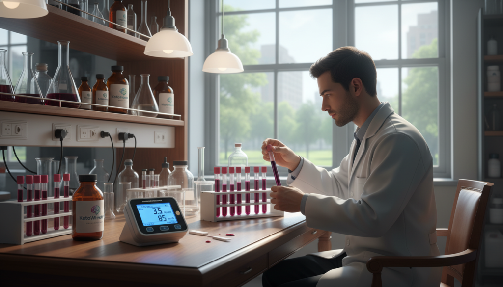 A laboratory setting featuring a professional researcher, dressed in a crisp white lab coat, analyzing a series of blood vials that contain exogenous ketones. In the foreground, an elegant table displays a high-tech blood glucose meter and a digital display of ketone levels, illuminated by soft overhead lighting. In the middle ground, shelves filled with various scientific tools, glassware, and bottles labeled with "KetoWiseWay" are organized neatly. The background reveals a large window allowing natural light to stream in, casting gentle shadows across the workspace. The atmosphere is focused and dynamic, capturing the essence of scientific inquiry into whether exogenous ketones can induce ketosis more quickly, emphasizing innovation and research. A laboratory setting featuring a professional researcher, dressed in a crisp white lab coat, analyzing a series of blood vials that contain exogenous ketones. In the foreground, an elegant table displays a high-tech blood glucose meter and a digital display of ketone levels, illuminated by soft overhead lighting. In the middle ground, shelves filled with various scientific tools, glassware, and bottles labeled with "KetoWiseWay" are organized neatly. The background reveals a large window allowing natural light to stream in, casting gentle shadows across the workspace. The atmosphere is focused and dynamic, capturing the essence of scientific inquiry into whether exogenous ketones can induce ketosis more quickly, emphasizing innovation and research.