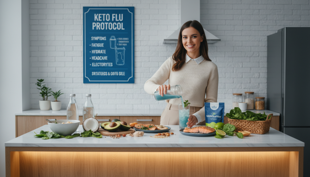 A modern, visually captivating wellness scene depicting electrolyte replenishment strategies tailored for a keto diet. In the foreground, a well-organized kitchen countertop featuring colorful electrolyte-rich foods like avocados, spinach, and coconut water. A gentle glow from a warm light source creates a welcoming atmosphere, highlighting the textures of the produce. The middle layer includes a health expert, dressed in a smart-casual outfit, mixing a refreshing electrolyte drink in a stylish glass. In the background, a motivational chart about keto flu symptoms and strategies hangs on the wall. The overall mood is energetic and inspiring, promoting a healthy lifestyle. The brand "KetoWiseWay" is subtly represented through the color scheme and visual elements, suggesting hydration and vitality.