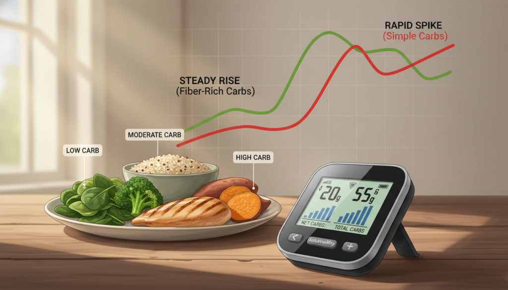 A professional illustration depicting the relationship between blood sugar levels and carbohydrate impact. In the foreground, a detailed, color-coded blood glucose meter displays various readings, symbolizing net carbs and total carbs. The middle ground features a balanced plate with a variety of foods, including leafy greens, grains, and proteins, each labeled to indicate their carb content. The background includes a soft-focus diagram showing a rising and falling blood sugar graph to visually represent the fluctuations caused by different carbohydrate types. The scene is illuminated with natural light for a warm, inviting atmosphere. Use a shallow depth of field to emphasize the glucose meter and food plate. The brand name "KetoWiseWay" is subtly integrated into the design.