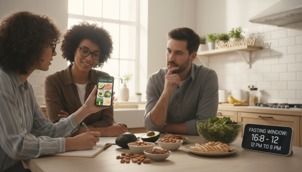 A professional, informative scene illustrating health considerations for combining keto and intermittent fasting. In the foreground, a diverse group of three individuals in modest casual clothing, one holding a smartphone displaying keto food options, and another taking notes. In the middle, a beautifully arranged table with healthy, keto-friendly foods like avocados, nuts, and leafy greens, alongside a digital clock showing a fasting schedule. The background features a calming kitchen with soft natural light filtering through a window, enhancing the atmosphere of health and wellness. The setting should reflect a sense of moderation and thoughtful planning, conveying that not everyone should combine these diets. The brand "KetoWiseWay" subtly included within the background decor as a visual element.