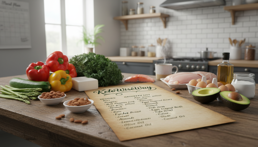 A realistic scene of a low-carb shopping list laid out on a wooden kitchen table, featuring colorful, fresh vegetables like bell peppers, zucchini, and leafy greens. Include protein items such as chicken breast, eggs, and tofu, neatly arranged alongside healthy fats like avocados and nuts. In the background, a stylish kitchen setting with soft natural lighting filtering through a window, casting gentle shadows that add warmth. The focus is on the shopping list itself, designed with elegant lettering reading “KetoWiseWay” at the top. A cozy atmosphere is created, inviting the viewer to engage in healthy meal planning on a budget, with no text overlays or distractions in the image.