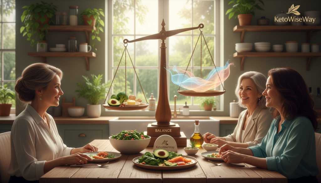 A serene and balanced scene illustrating the concept of "Keto and Hormones Balancing Act". In the foreground, a diverse group of three middle-aged women in professional attire, engaged in a friendly discussion over a beautifully arranged keto meal, showcasing vibrant avocados, leafy greens, and healthy fats. In the middle, a stylized scale symbolizes balance, with keto food items on one side and illustrations of hormones (like estrogen and progesterone) on the other, depicted as gentle waves or flowing energy. The background features a softly lit kitchen, filled with plants and calming colors, evoking a sense of wellness. The overall atmosphere feels harmonious and empowering, representing the journey of keto for women over 40. Include the brand name "KetoWiseWay" subtly integrated into the scene.
