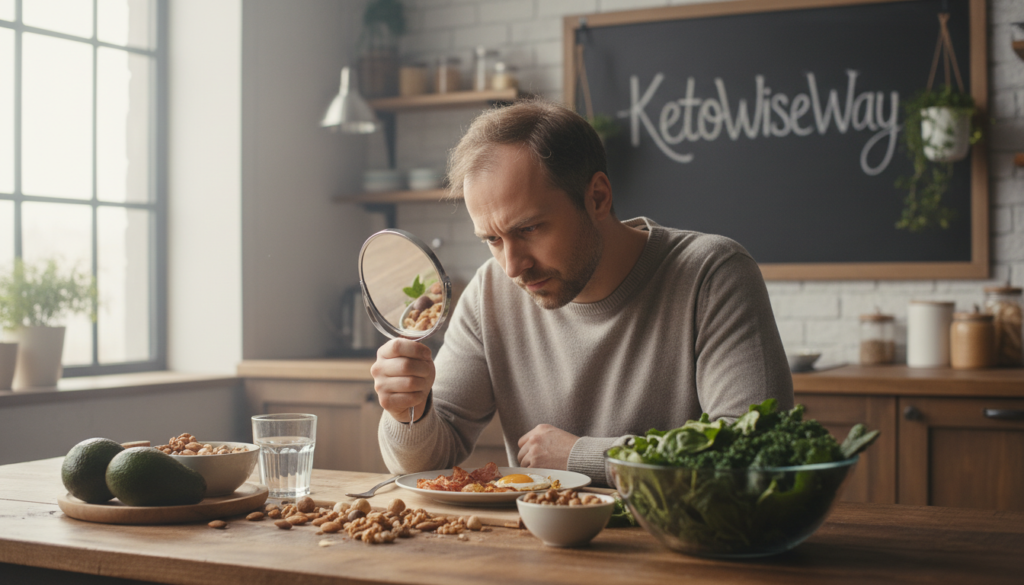 A serene indoor scene showcasing a stressed individual sitting at a kitchen table, surrounded by keto diet foods like avocados, nuts, and greens. The person, a professional in casual attire, has a worried expression while holding a small mirror, examining their thinning hair with a soft, diffused natural light illuminating the space. In the background, a cozy kitchen with warm wooden accents and a chalkboard displaying “KetoWiseWay” is visible. The atmosphere conveys a sense of concern and contemplation, capturing the impact of stress on hair loss in the context of a keto diet. Use a slightly elevated angle for a more intimate perspective, emphasizing both the individual and their keto-related environment.