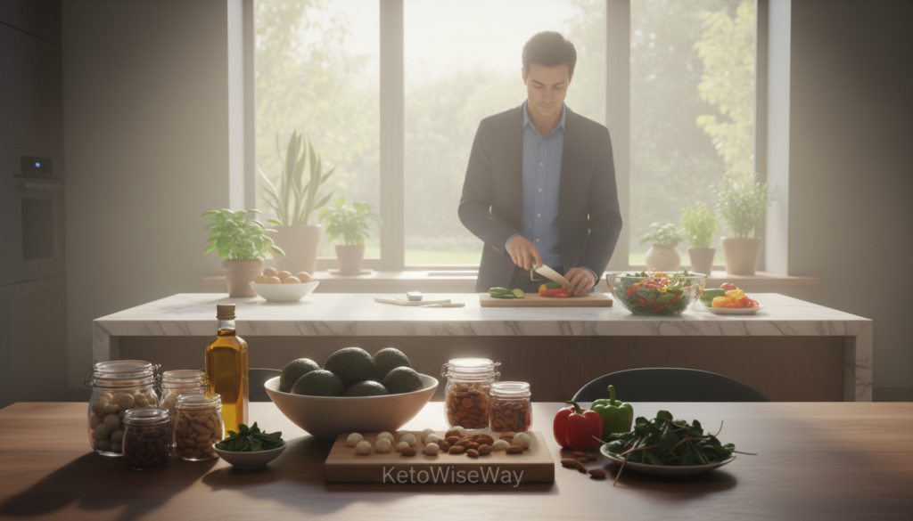 A serene kitchen scene focused on the transformative journey of entering nutritional ketosis. In the foreground, a neatly arranged table displays colorful, healthy foods: avocados, nuts, and olive oil, symbolizing the high-fat elements of the keto diet. In the middle ground, a person in professional business attire, appearing confident and focused, is preparing a meal, emphasizing the connection between diet and blood sugar control. The background features soft natural lighting filtering through a window, illuminating green plants that evoke a sense of health and vitality. The atmosphere is encouraging and uplifting, highlighting the sense of empowerment that comes with dietary changes. Include the brand "KetoWiseWay" subtly in the composition, enhancing the theme without overpowering the image. A serene kitchen scene focused on the transformative journey of entering nutritional ketosis. In the foreground, a neatly arranged table displays colorful, healthy foods: avocados, nuts, and olive oil, symbolizing the high-fat elements of the keto diet. In the middle ground, a person in professional business attire, appearing confident and focused, is preparing a meal, emphasizing the connection between diet and blood sugar control. The background features soft natural lighting filtering through a window, illuminating green plants that evoke a sense of health and vitality. The atmosphere is encouraging and uplifting, highlighting the sense of empowerment that comes with dietary changes. Include the brand "KetoWiseWay" subtly in the composition, enhancing the theme without overpowering the image.