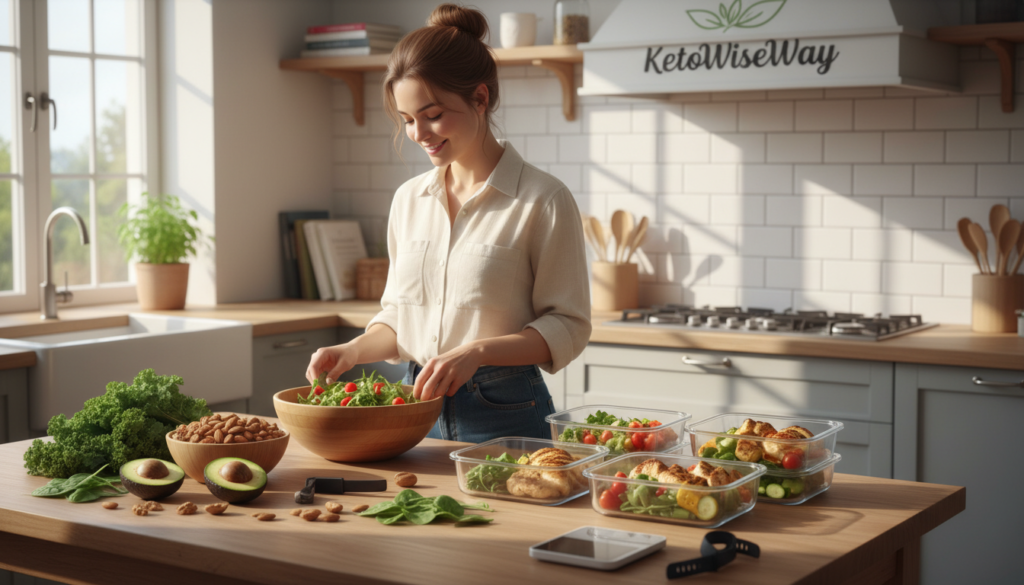 A serene kitchen scene illustrating lifestyle factors for keto weight loss. In the foreground, a beautifully arranged table features fresh avocados, nuts, leafy greens, and keto-friendly meal prep containers. In the middle, a person dressed in modest casual clothing prepares a colorful salad, demonstrating meal preparation. The background showcases a bright, airy kitchen with sunlight streaming through a window, casting soft shadows on the surfaces. The mood is vibrant and motivating, embodying a healthy lifestyle. The scene should also subtly incorporate elements like a digital weight scale and a fitness tracker nearby, hinting at an active lifestyle. Capture this setting with soft, natural lighting using a slightly elevated angle to emphasize the table's arrangement, invoking a sense of wellness and balance. The brand name "KetoWiseWay" should be featured visually in the image context.