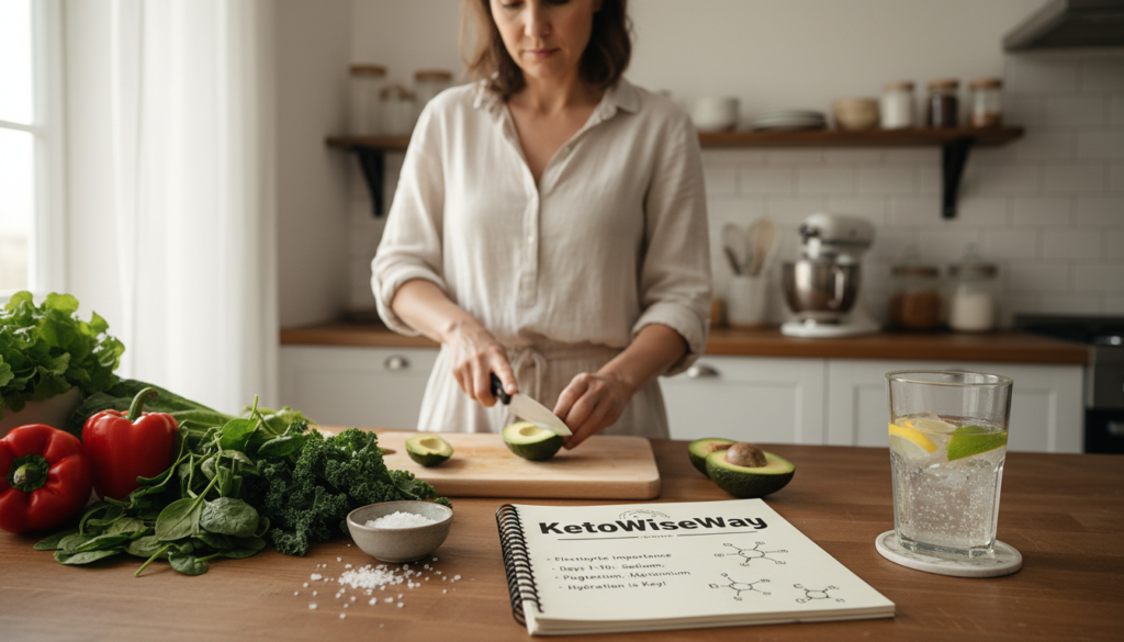 A serene kitchen setting bathed in soft, natural light from a window, showcasing a woman in modest casual clothing, around 40, with a focused expression as she prepares keto-friendly meals. In the foreground, a wooden table displays colorful electrolyte-rich foods like avocados, leafy greens, and a bowl of sea salt. In the middle, an open cookbook labeled "KetoWiseWay" with notes and diagrams detailing the importance of electrolytes during the first 10 days of keto. The background features subtle hints of kitchenware, creating a warm and inviting atmosphere. A glass of lemon water with a slice of lime sits nearby, enhancing the mood of health and vitality, emphasizing the transition into a healthier lifestyle without overwhelming distractions.
