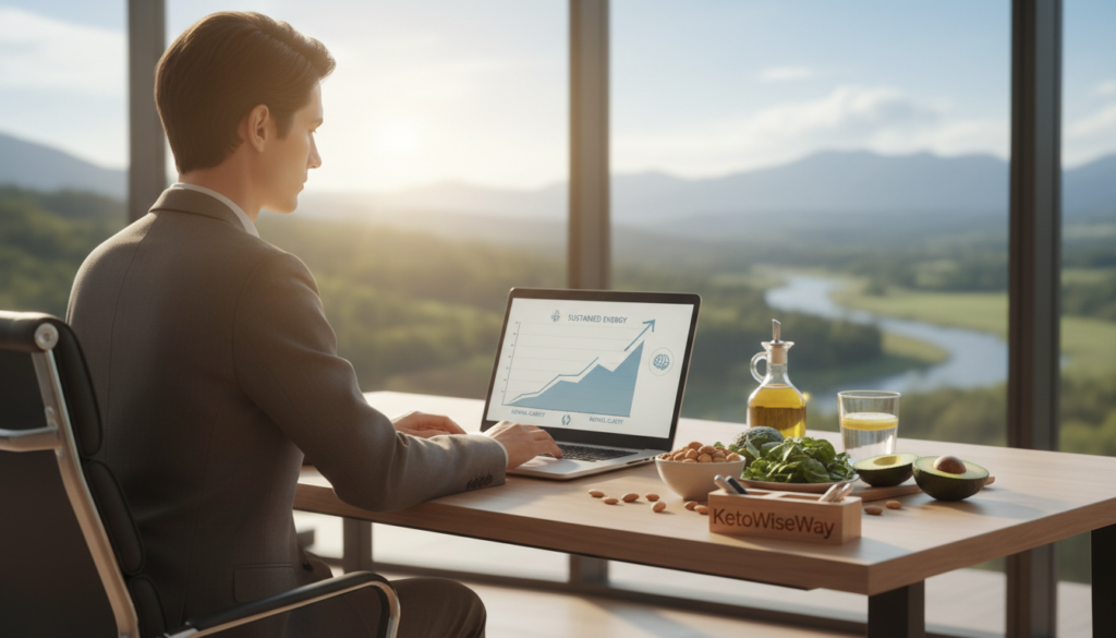 A serene workspace environment that illustrates the benefits of ketosis, featuring a focused individual in professional attire sitting at a modern desk. In the foreground, display a healthy spread of keto foods such as avocados, nuts, and leafy greens. The middle ground should highlight a clear, open laptop screen displaying an inspirational graph representing steady energy levels and mental clarity. In the background, a soft-focus window offers a glimpse of a sunlit landscape, enhancing the atmosphere of productivity and wellness. Use warm, natural lighting to create an inviting mood. The composition should inspire motivation and calm, representing the transformative effects of a ketogenic lifestyle. Include the brand name "KetoWiseWay" subtly integrated into the workspace scene.
