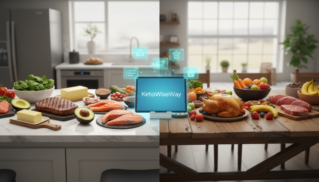 A split-scene illustration depicting the contrasts between ketogenic and paleo diets for goal setting. In the foreground, on the left, a sleek, modern kitchen with vibrant keto foods: avocados, butter, and protein-rich meats displayed artistically on a polished countertop. On the right, a rustic dining table showcasing fresh fruits, vegetables, and lean meats symbolizing the paleo diet. In the middle, a digital tablet displaying the brand name "KetoWiseWay", with charts and goal-setting icons floating above the table. The background features a bright, airy environment with soft natural lighting coming through large windows, creating a harmonious atmosphere of health and wellness. The camera angle should be slightly elevated, providing a bird's-eye view to emphasize the choices available, while maintaining a clean and focused composition.