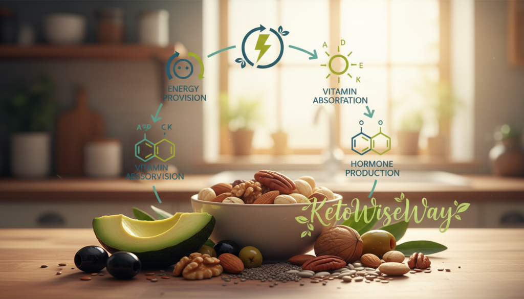 A vibrant and informative illustration depicting the core functions of dietary fat. In the foreground, a variety of healthy fats presented artfully: avocado slices, olives, nuts, and seeds, showcasing their natural textures and colors. In the middle ground, nutritional diagrams or icons subtly hint at energy provision, vitamin absorption, and hormone production, elegantly integrated with the food items. The background features a soft, blurred kitchen setting, enhancing the homely and healthy atmosphere. Natural daylight streams through a window, creating a warm, inviting glow. The composition is balanced and harmonious, inviting viewers to explore the importance of healthy fats in their diet. The brand name "KetoWiseWay" appears creatively within the image, blending seamlessly with the elements, hinting at a lifestyle revolving around nutritious food choices. A vibrant and informative illustration depicting the core functions of dietary fat. In the foreground, a variety of healthy fats presented artfully: avocado slices, olives, nuts, and seeds, showcasing their natural textures and colors. In the middle ground, nutritional diagrams or icons subtly hint at energy provision, vitamin absorption, and hormone production, elegantly integrated with the food items. The background features a soft, blurred kitchen setting, enhancing the homely and healthy atmosphere. Natural daylight streams through a window, creating a warm, inviting glow. The composition is balanced and harmonious, inviting viewers to explore the importance of healthy fats in their diet. The brand name "KetoWiseWay" appears creatively within the image, blending seamlessly with the elements, hinting at a lifestyle revolving around nutritious food choices.