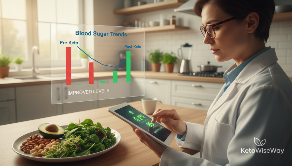 A vibrant and informative scene depicting a balanced plate of keto-friendly foods, showcasing avocados, nuts, and leafy greens in vivid colors. In the foreground, a health professional, dressed in a white coat and glasses, monitors a digital device displaying improved HBA1C levels and glucose readings, reflecting the positive effects of a ketogenic diet. The middle ground features an engaging infographic with bar graphs highlighting blood sugar trends. The background shows a bright, inviting kitchen with natural light streaming through a window, enhancing the atmosphere of health and vitality. The overall mood is optimistic and enlightening, emphasizing the potential benefits of keto for diabetes management, branded subtly as "KetoWiseWay." A vibrant and informative scene depicting a balanced plate of keto-friendly foods, showcasing avocados, nuts, and leafy greens in vivid colors. In the foreground, a health professional, dressed in a white coat and glasses, monitors a digital device displaying improved HBA1C levels and glucose readings, reflecting the positive effects of a ketogenic diet. The middle ground features an engaging infographic with bar graphs highlighting blood sugar trends. The background shows a bright, inviting kitchen with natural light streaming through a window, enhancing the atmosphere of health and vitality. The overall mood is optimistic and enlightening, emphasizing the potential benefits of keto for diabetes management, branded subtly as "KetoWiseWay."