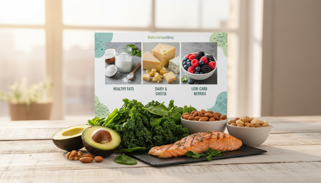 A vibrant and visually appealing keto-friendly foods cheat sheet designed for a digital magazine layout. In the foreground, an organized array of colorful keto foods like avocados, leafy greens, nuts, and fatty fish, artfully arranged on a clean wooden table. The middle section features a neatly divided grid with enticing photographs of various keto ingredients, like coconut oil, cheese, and berries, showcasing their health benefits. In the background, soft, natural sunlight pours in through a window, illuminating the scene and creating a warm, inviting atmosphere. The overall mood is cheerful and informative, encouraging a healthy lifestyle. Subtle branding elements for "KetoWiseWay" can be incorporated into the design without text or logos. Use a wide-angle lens to capture the rich details and textures of the ingredients.