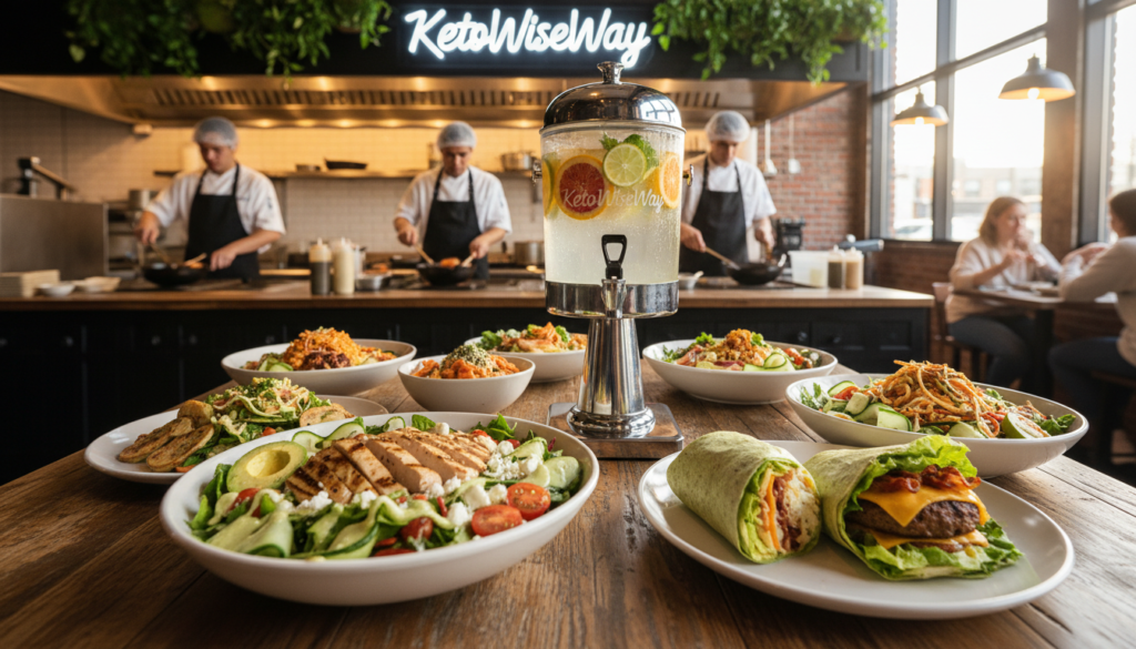 A vibrant array of low-carb options from global fast-casual chains displayed on a rustic wooden table in a cozy, welcoming restaurant setting. In the foreground, a colorful salad bowl with fresh greens, grilled chicken, avocado, and a low-carb dressing, alongside a keto-friendly sandwich wrapped in lettuce. In the middle ground, a sleek, modern beverage dispenser filled with sparkling water adorned with fresh citrus slices. The background features an open kitchen with chefs in professional attire preparing meals. Warm, inviting lighting casts a gentle glow, enhancing the appetizing colors of the food. The atmosphere feels lively yet relaxed, appealing to health-conscious diners. Brand prominently displayed: KetoWiseWay.