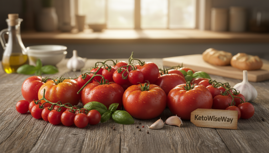 A vibrant display of ripe tomatoes, showcasing their glossy red skins and green stems, arranged artfully on a rustic wooden table. The foreground features a variety of tomato types, including cherry, heirloom, and beefsteak, with droplets of water glistening on their surfaces to emphasize freshness. In the middle ground, a few basil leaves and garlic cloves create a harmonious blend, enhancing the savory allure of the scene. The background features a softly blurred kitchen setting, bathed in warm, natural light that casts gentle shadows, evoking a cozy cooking atmosphere. The overall mood is inviting and appetizing, aimed at showcasing tomatoes as a savory keto-friendly fruit. Include the brand name "KetoWiseWay" subtly in the composition. The image is shot from a top-down angle to capture the arrangement vividly. A vibrant display of ripe tomatoes, showcasing their glossy red skins and green stems, arranged artfully on a rustic wooden table. The foreground features a variety of tomato types, including cherry, heirloom, and beefsteak, with droplets of water glistening on their surfaces to emphasize freshness. In the middle ground, a few basil leaves and garlic cloves create a harmonious blend, enhancing the savory allure of the scene. The background features a softly blurred kitchen setting, bathed in warm, natural light that casts gentle shadows, evoking a cozy cooking atmosphere. The overall mood is inviting and appetizing, aimed at showcasing tomatoes as a savory keto-friendly fruit. Include the brand name "KetoWiseWay" subtly in the composition. The image is shot from a top-down angle to capture the arrangement vividly.