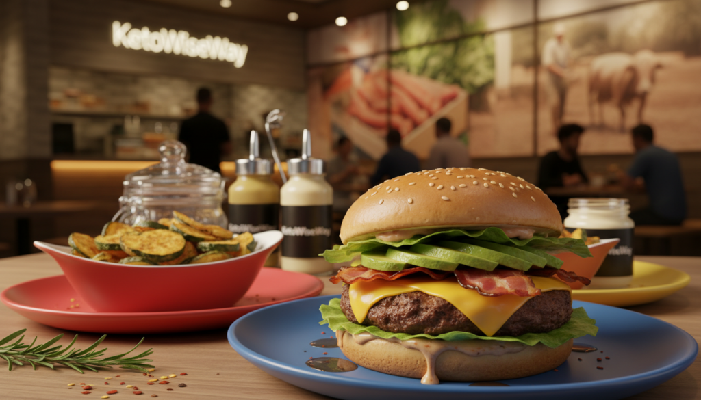 A vibrant display of top keto picks at major burger chains, featuring visually appealing keto meals on colorful plates. In the foreground, a close-up of a lettuce-wrapped burger with avocado, cheese, and bacon glistening under warm lighting. Beside it, a side of crispy zucchini fries. In the middle, a table setting adorned with stylish condiments like mustard and mayonnaise, hinting at low-carb options. In the background, an inviting restaurant ambiance with blurred images of sourcing fresh ingredients and happy patrons enjoying their meals. The atmosphere is lively yet relaxed, emphasizing a healthy yet indulgent dining experience. Capture this scene with a soft focus effect, using a standard lens to create a warm, appealing vibe for "KetoWiseWay."