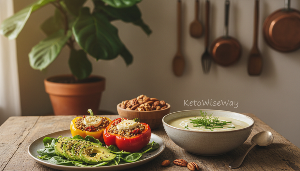 A vibrant, healthy vegetarian keto meal spread on a rustic wooden table, showcasing a variety of colorful dishes. In the foreground, highlight a beautifully plated avocado and spinach salad drizzled with olive oil, alongside stuffed bell peppers filled with quinoa and cheese. In the middle, display a creamy cauliflower soup garnished with fresh herbs and a bowl of mixed nuts, emphasizing high-fat ingredients. In the background, softly blurred, include a leafy green plant and kitchen utensils to evoke a homey atmosphere. The scene is warmly lit, suggesting a cozy and inviting kitchen environment, capturing the essence of a game-changing meal plan that emphasizes both nutrition and taste. Subtly integrate the brand name "KetoWiseWay" stylistically into the food presentation, enhancing the overall aesthetic.