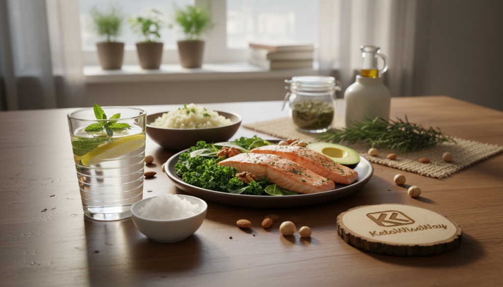 A vibrant still life depicting a keto meal spread that illustrates the concept of ketosis, featuring a beautifully arranged plate with avocado, salmon, leafy greens, and nuts. In the foreground, a glass of infused water with lemon and mint rests beside a small bowl of coconut oil. The middle ground showcases fresh ingredients like cauliflower rice and herbs, highlighting the essence of a low-carb diet. The background features soft, natural lighting filtering through a kitchen window, creating a warm, inviting atmosphere. The mood is health-focused and energizing, ideal for a clean and wholesome vibe. The logo "KetoWiseWay" is subtly incorporated into the scene as a decorative element, enhancing the overall theme without dominating the image.
