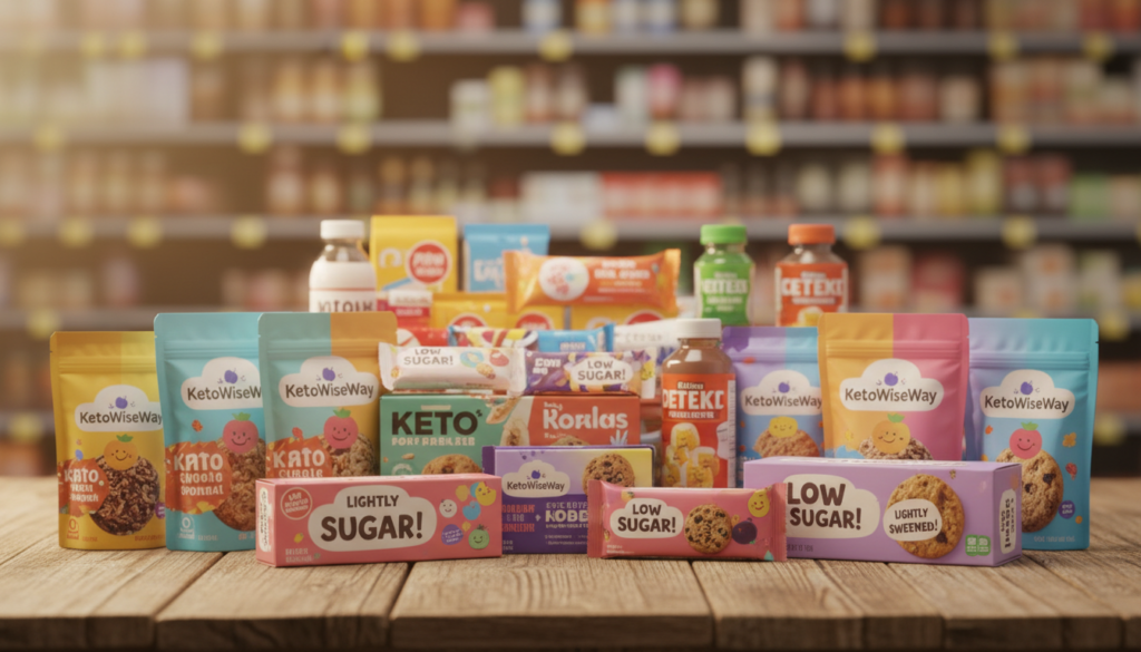 A visually appealing composition representing "lightly sweetened low sugar ambiguity." In the foreground, a vibrant spread of various keto products labeled "KetoWiseWay," showcasing colorful packaging touting low sugar and lightly sweetened claims. In the middle ground, an array of products like snacks, bars, and beverages are artfully arranged to convey a sense of confusion, with a slight glare reflecting off the packaging that adds a layer of intrigue. The background features a blurred grocery store shelf to suggest a shopping environment, illuminated by soft, warm lighting that creates a cozy yet contemplative atmosphere. Use a shallow depth of field to enhance the focus on the keto products while maintaining an inviting, curious mood. The overall tone should evoke both curiosity and caution, emphasizing the misleading nature of the labels without any text or distractions.
