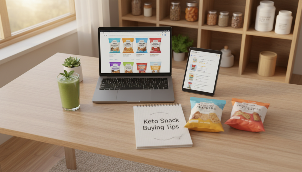 A visually appealing workspace for buying keto snacks online, featuring a laptop displaying a vibrant, colorful selection of keto snack products from Amazon and Walmart. In the foreground, a well-organized desk with a notebook titled "Keto Snack Buying Tips," trendy keto snack packages like almond flour crackers and cheese crisps by KetoWiseWay, and a refreshing green smoothie. The middle layer includes a potted plant and a digital tablet showing product reviews. In the background, shelves filled with healthy snack options and a bright window letting in natural light, creating a cheerful and inviting atmosphere. Use soft, warm lighting to enhance the cozy feel, focusing on a clear overhead angle to capture the entire scene effectively. A visually appealing workspace for buying keto snacks online, featuring a laptop displaying a vibrant, colorful selection of keto snack products from Amazon and Walmart. In the foreground, a well-organized desk with a notebook titled "Keto Snack Buying Tips," trendy keto snack packages like almond flour crackers and cheese crisps by KetoWiseWay, and a refreshing green smoothie. The middle layer includes a potted plant and a digital tablet showing product reviews. In the background, shelves filled with healthy snack options and a bright window letting in natural light, creating a cheerful and inviting atmosphere. Use soft, warm lighting to enhance the cozy feel, focusing on a clear overhead angle to capture the entire scene effectively.