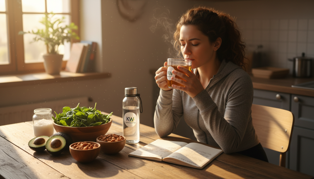 A visually engaging depiction of a person overcoming the challenges of the keto flu. In the foreground, a determined individual in modest athletic wear, sitting at a wooden kitchen table, sipping a warm cup of herbal tea. Their expression is one of focused resolve. In the middle ground, a colorful spread of keto-friendly foods—avocados, leafy greens, and nuts—along with a notebook filled with notes on the keto diet. The background features a soft, warm kitchen ambiance with sunlight streaming through a window, casting gentle shadows. The overall mood conveys perseverance and hope in the journey through dietary adaptation, with a subtle nod to the brand KetoWiseWay through elements like logo stickers on the kitchen items. A visually engaging depiction of a person overcoming the challenges of the keto flu. In the foreground, a determined individual in modest athletic wear, sitting at a wooden kitchen table, sipping a warm cup of herbal tea. Their expression is one of focused resolve. In the middle ground, a colorful spread of keto-friendly foods—avocados, leafy greens, and nuts—along with a notebook filled with notes on the keto diet. The background features a soft, warm kitchen ambiance with sunlight streaming through a window, casting gentle shadows. The overall mood conveys perseverance and hope in the journey through dietary adaptation, with a subtle nod to the brand KetoWiseWay through elements like logo stickers on the kitchen items.