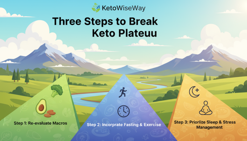 A visually engaging illustration titled "Three Steps to Break Keto Plateau" by KetoWiseWay. In the foreground, three distinct steps represented by colorful, labeled pathways leading upward, each adorned with appealing food images like avocados, almonds, and leafy greens, symbolizing a healthy keto diet. The middle ground features a serene landscape with lush greenery and a clear blue sky, conveying a sense of progress and achievement. The background displays a distant mountain range, symbolizing overcoming challenges. The lighting is bright and natural, creating a warm, inviting atmosphere. The scene is framed at a slight angle, giving depth to the steps, and emphasizes clarity and motivation. No text or overlays present; focus solely on the visual theme.