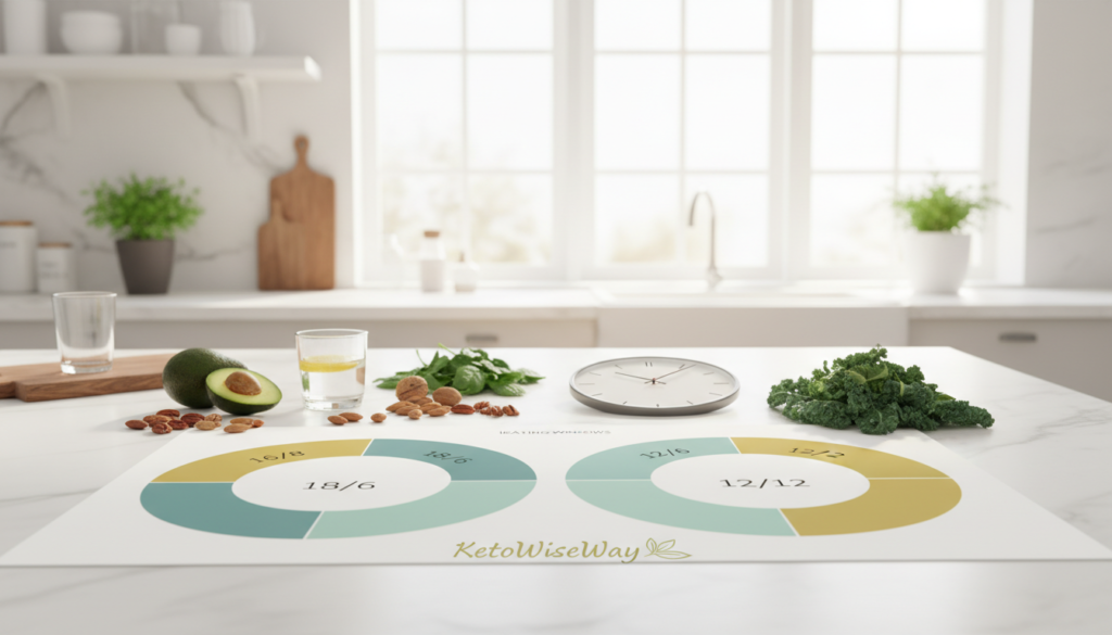 A visually engaging representation of intermittent fasting schedules, featuring an elegant and informative layout. In the foreground, a well-organized diagram or infographic illustrates various fasting windows and eating cycles, using soft pastel colors like light blue, green, and yellow for a calming effect. In the middle, a stylish clock symbolizes time management, surrounded by fresh, healthy foods such as avocados, nuts, and leafy greens, emphasizing the Keto diet. The background showcases a softly lit kitchen environment, infused with natural light for a warm and inviting atmosphere. Use a wide-angle perspective to capture the entire layout harmoniously. Include the brand name "KetoWiseWay" subtly integrated into the design for branding purposes, ensuring the overall mood conveys vitality and well-being without being cluttered.