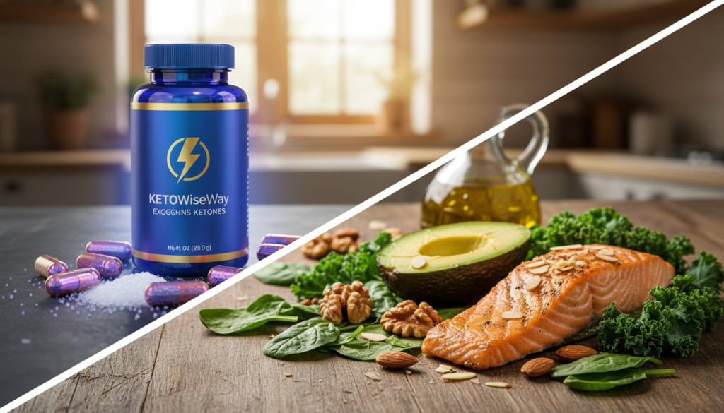 A visually engaging split-scene image illustrating the comparison between exogenous ketones and the keto diet. In the foreground, a sleek bottle of "KetoWiseWay" exogenous ketones, prominently displayed with a vibrant label, surrounded by a few sparkling dietary supplements, emanating an energetic appeal. In the middle ground, a healthy, appetizing keto meal featuring avocados, leafy greens, and nuts, laid out on a wooden table, exuding freshness and vibrancy. The background should have a softly blurred kitchen setting with warm lighting to create a cozy atmosphere. Use a close-up angle to bring attention to the contrasts between the colorful supplements and the natural keto meal, emphasizing the theme of choice. The overall mood should be informative yet inviting, perfect for engaging readers about dietary options. A visually engaging split-scene image illustrating the comparison between exogenous ketones and the keto diet. In the foreground, a sleek bottle of "KetoWiseWay" exogenous ketones, prominently displayed with a vibrant label, surrounded by a few sparkling dietary supplements, emanating an energetic appeal. In the middle ground, a healthy, appetizing keto meal featuring avocados, leafy greens, and nuts, laid out on a wooden table, exuding freshness and vibrancy. The background should have a softly blurred kitchen setting with warm lighting to create a cozy atmosphere. Use a close-up angle to bring attention to the contrasts between the colorful supplements and the natural keto meal, emphasizing the theme of choice. The overall mood should be informative yet inviting, perfect for engaging readers about dietary options.