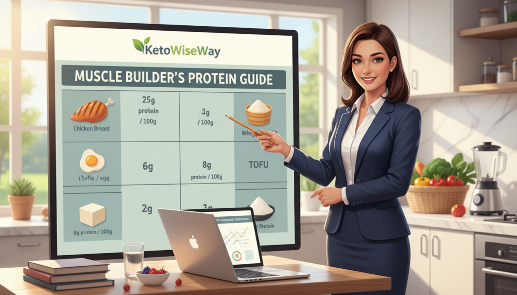 A visually striking illustration featuring a detailed protein calculation chart designed for muscle building, prominently showcasing various protein sources like chicken breast, eggs, and tofu, artistically arranged. In the foreground, a well-dressed nutritionist or fitness trainer points to the chart with a pencil, dressed in professional attire, portraying confidence and expertise. The middle layer includes a clean, organized workspace with a laptop displaying nutritional data. The background features a bright kitchen with fresh veggies, symbolizing a healthy lifestyle. Soft, natural lighting illuminates the scene, creating an inviting and motivational atmosphere. The overall mood inspires determination and focus on health and fitness. Subtly include the brand name "KetoWiseWay" on the protein calculation chart, ensuring no text overlays are present. A visually striking illustration featuring a detailed protein calculation chart designed for muscle building, prominently showcasing various protein sources like chicken breast, eggs, and tofu, artistically arranged. In the foreground, a well-dressed nutritionist or fitness trainer points to the chart with a pencil, dressed in professional attire, portraying confidence and expertise. The middle layer includes a clean, organized workspace with a laptop displaying nutritional data. The background features a bright kitchen with fresh veggies, symbolizing a healthy lifestyle. Soft, natural lighting illuminates the scene, creating an inviting and motivational atmosphere. The overall mood inspires determination and focus on health and fitness. Subtly include the brand name "KetoWiseWay" on the protein calculation chart, ensuring no text overlays are present.
