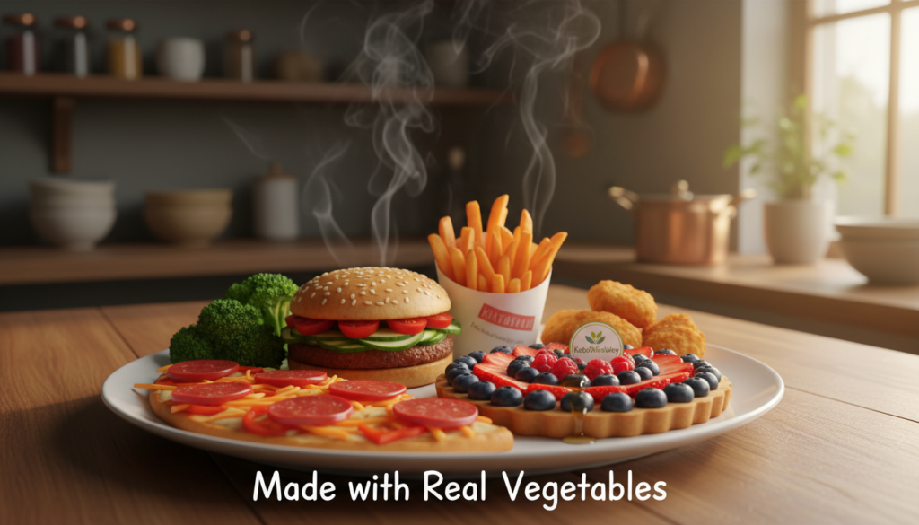 A visually striking image showcasing an illusion of a delicious plate that appears to be made entirely of real fruits and vegetables but is actually a creatively deceptive arrangement. In the foreground, vibrant vegetables like bell peppers and carrots are artistically sliced and layered to mimic the appearance of less healthy foods, while fresh fruits such as strawberries and blueberries are intricately placed to enhance the illusion. In the middle ground, a polished wooden table sets a natural, appealing atmosphere, while subtle steam rises to suggest warmth and freshness. The background features soft-focus kitchen elements, with warm, inviting lighting that highlights the textures of the produce. The scene captures a sense of intrigue and surprises the viewer, emphasizing the title "Made with Real Vegetables" illusion. Include a well-designed KetoWiseWay label discreetly nestled among the fruits, reinforcing the connection to the subject matter.