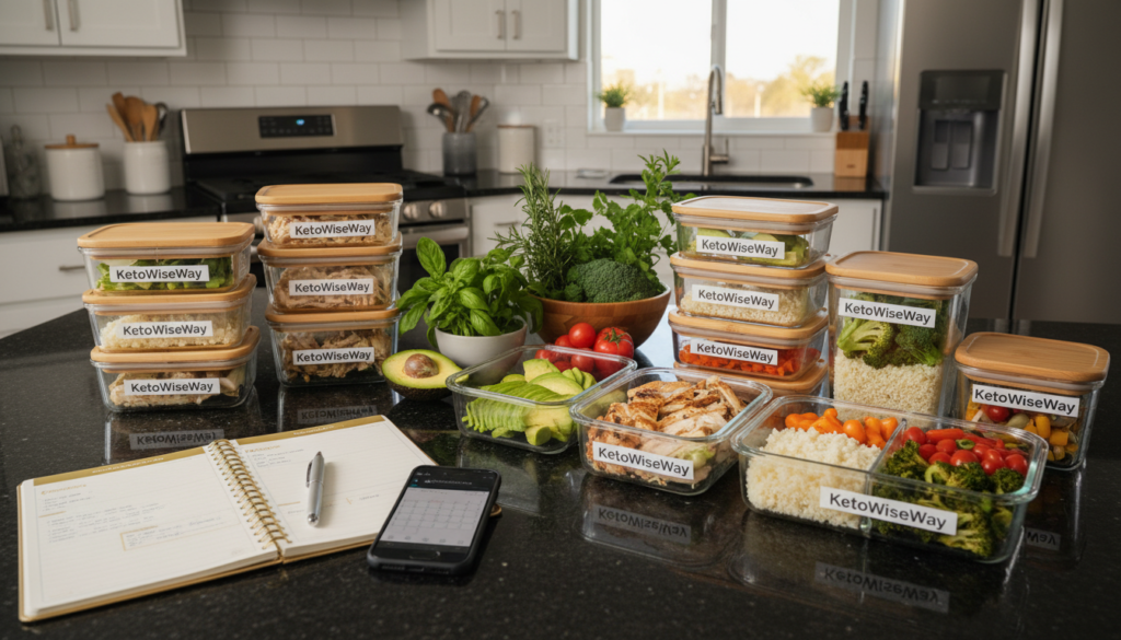 A well-organized keto meal prep station, showcasing a sleek kitchen countertop with a variety of neatly labeled glass meal prep containers filled with colorful keto-friendly ingredients like avocado, cauliflower rice, and grilled chicken. In the foreground, a stylish planner with a pen sits beside a smartphone displaying a keto meal plan app. In the middle, fresh vegetables and herbs are artfully arranged, hinting at healthy recipes. The background features a modern kitchen with natural light streaming through a window, enhancing the inviting and motivational atmosphere. Capture the scene from a slightly elevated angle to emphasize the prep process. The overall mood is productive and inspiring, reflecting the strategic planning of "KetoWiseWay." A well-organized keto meal prep station, showcasing a sleek kitchen countertop with a variety of neatly labeled glass meal prep containers filled with colorful keto-friendly ingredients like avocado, cauliflower rice, and grilled chicken. In the foreground, a stylish planner with a pen sits beside a smartphone displaying a keto meal plan app. In the middle, fresh vegetables and herbs are artfully arranged, hinting at healthy recipes. The background features a modern kitchen with natural light streaming through a window, enhancing the inviting and motivational atmosphere. Capture the scene from a slightly elevated angle to emphasize the prep process. The overall mood is productive and inspiring, reflecting the strategic planning of "KetoWiseWay."