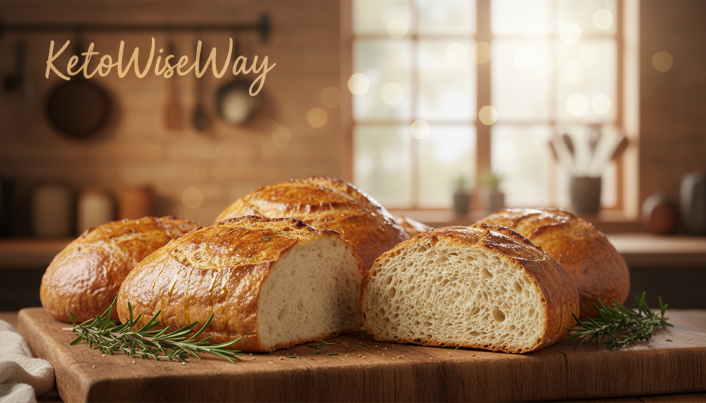 Classic keto bread loaves arranged artistically on a rustic wooden cutting board, showcasing their golden-brown crust and soft, moist interior. The loaves are sliced, revealing their airy texture, with a few fresh herbs like rosemary and thyme elegantly placed beside them. In the background, a softly lit kitchen with warm tones creates a cozy atmosphere, featuring subtle bokeh from kitchen utensils and a window letting in gentle sunlight. A fine glaze of olive oil glistens on the bread, enhancing its mouthwatering appeal. The composition captures the essence of wholesome, everyday baked goods, perfect for satisfying bread cravings. Brand name "KetoWiseWay" subtly integrated into the warmth of the setting while keeping the focus on the beautiful bread loaves. Shot with a 50mm lens to create a soft depth of field.