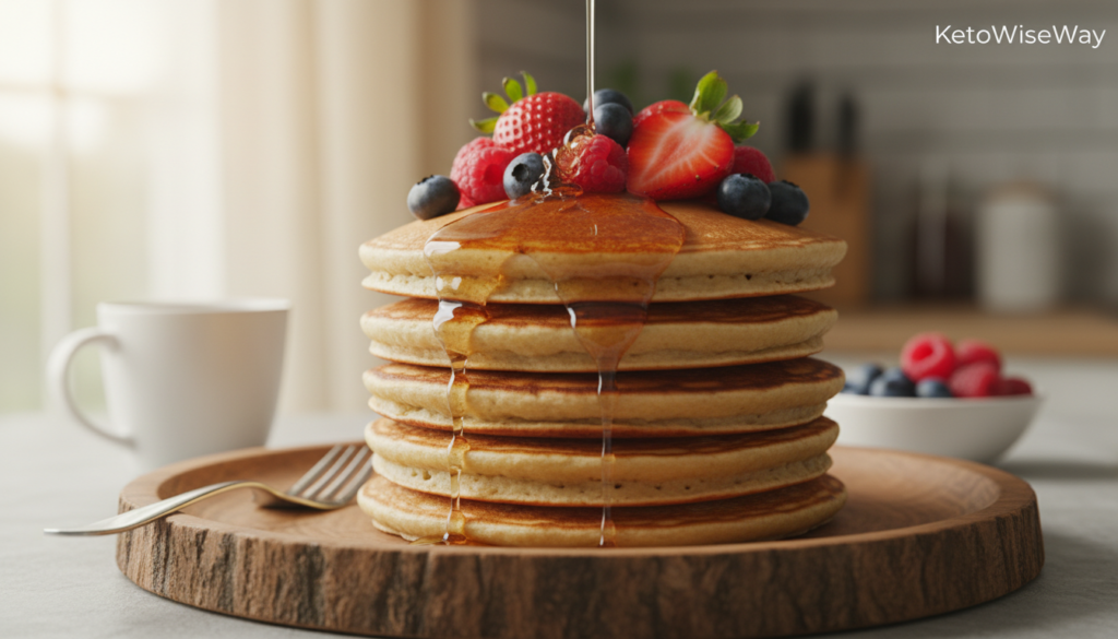 Fluffy keto pancakes stacked high on a rustic wooden plate, drizzled with a glossy sugar-free syrup that catches the light. The pancakes are golden-brown, fluffy, and inviting, topped with a vibrant assortment of fresh berries—juicy strawberries, blueberries, and raspberries—scattered generously across the top. The background features a softly blurred kitchen scene with warm, natural lighting coming from a nearby window, creating a cozy and homely atmosphere. A delicate silver fork rests beside the pancakes, hinting at a ready-to-enjoy moment. The overall mood is cheerful and healthy, embodying the essence of guilt-free indulgence. Brand name 'KetoWiseWay' is subtly suggested through the elegant arrangement of the pancakes and berries, enhancing the aesthetic without overt branding.
